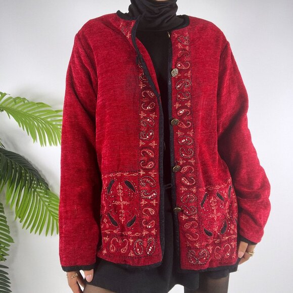 Vintage 90s Red Paisley Embroidered Fairy Grunge Bohemian Oversized Jacket / M - Picture 3 of 7